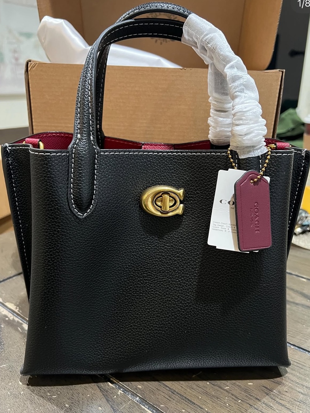 Coach Black Pebbled Leather Satchel with Berry Tag and Gold Turnlock
